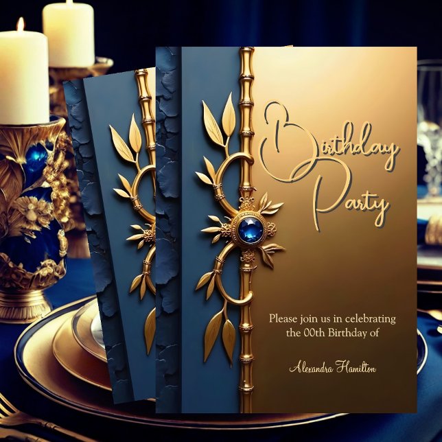 Elegant Steel Blue Gold Ornate Birthday Party Invitation (Creator Uploaded)