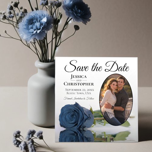 Elegant Steel Blue Rose Oval Photo White Wedding Save The Date