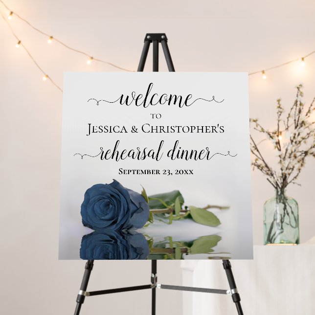 Elegant Steel Blue Rose Rehearsal Dinner Welcome Foam Board (In Situ (Stand))