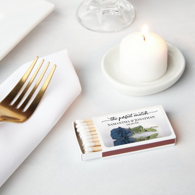 Elegant Steel Blue Rose Wedding Matchboxes (Insitu)
