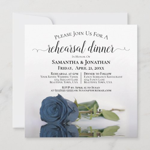 Elegant Steel Blue Rose Wedding Rehearsal  Dinner Invitation