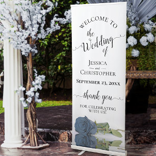 Elegant Steel Blue Rose Wedding Welcome Retractable Banner