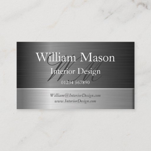 Customizable Black Foil &amp; Brushed Steel Monogram Business Card