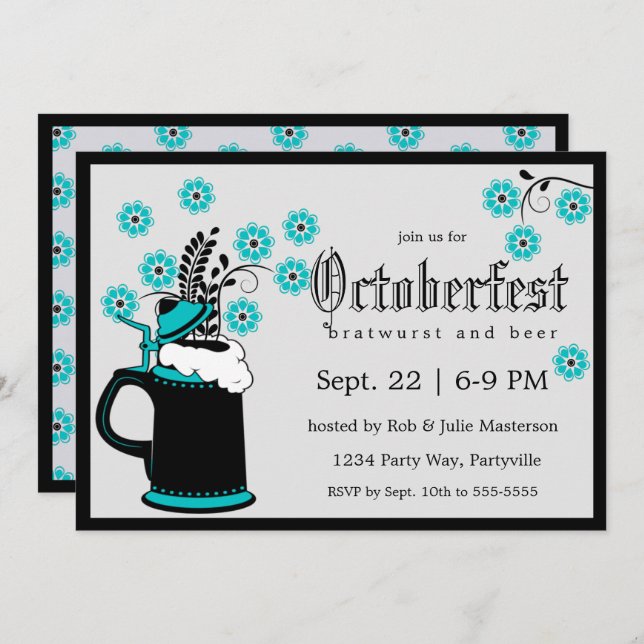 Elegant Stein and Teal Flowers Oktoberfest Invitation (Front/Back)