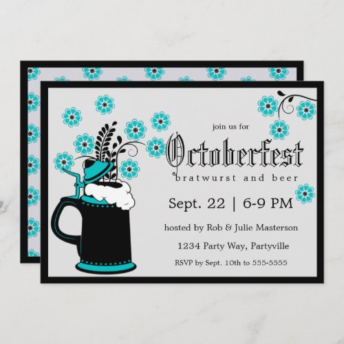 Elegant Stein and Teal Flowers Oktoberfest Invitation