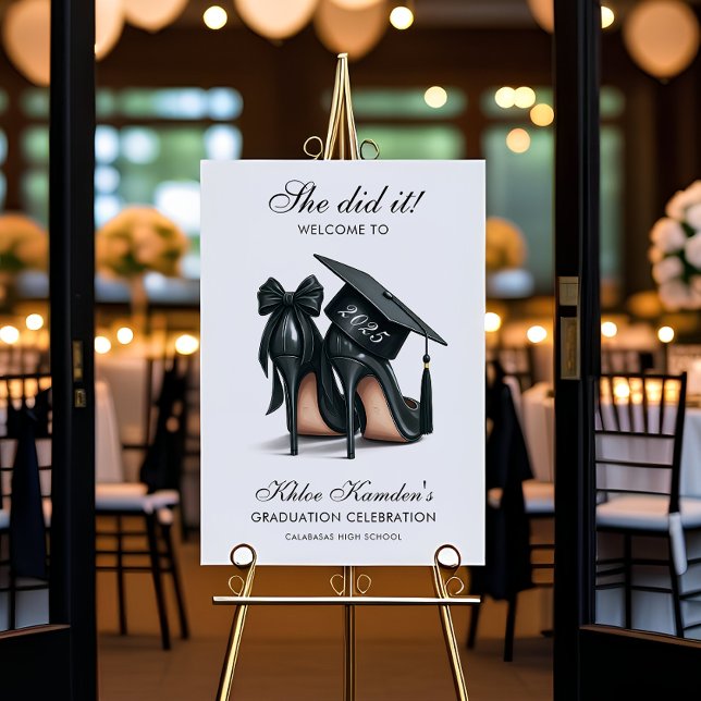 Elegant Stilettos & Grad Cap Grad Party Welcome Foam Board (High Heel Stiletto Graduation Welcome Sign | Girly Elegant Graduation Welcome Sign)