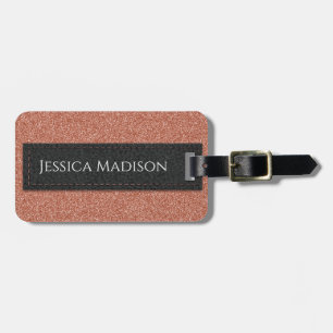 Elegant Stitched Leather Shiny Rose Gold Glitter Luggage Tag