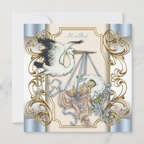 Elegant Stork Baby Boy Shower Invitation