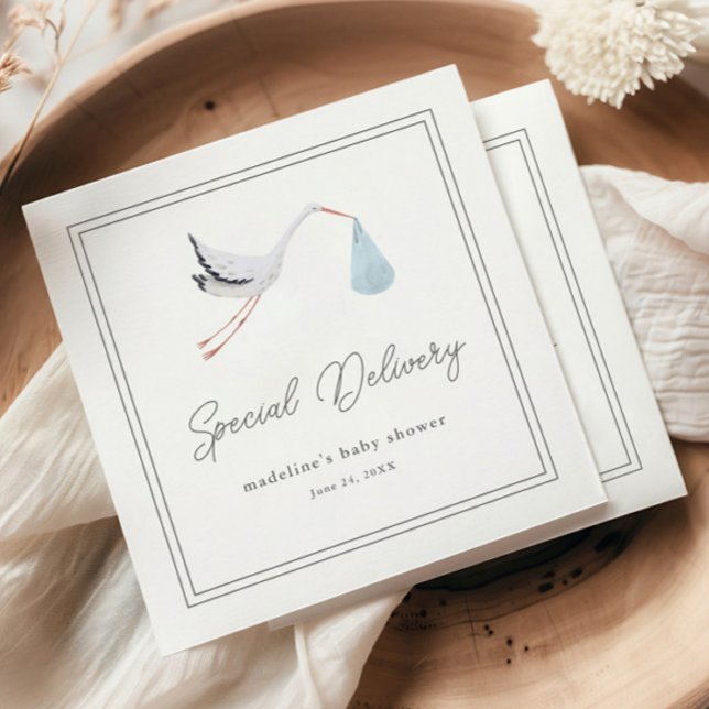 Elegant Stork Baby Shower Napkins (Elegant hand painted stork blue boys baby shower napkins.)