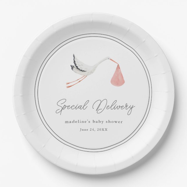 Elegant Stork Baby Shower Paper Plates (Front)