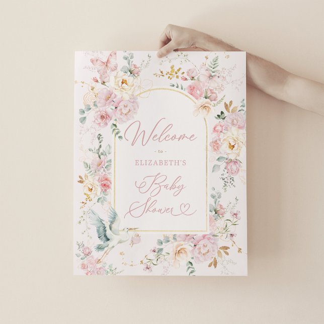 Elegant Stork Blush Pink Floral Baby Girl Welcome Poster (Creator Uploaded)