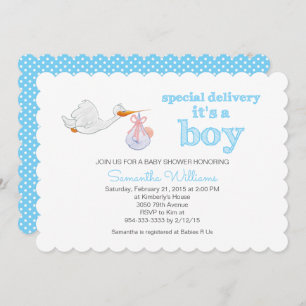 Elegant Stork Carrying Baby BOY BABY SHOWER Invitation