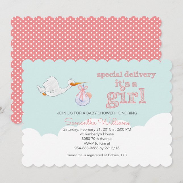 Elegant Stork Carrying Baby CLOUD GIRL BABY SHOWER Invitation (Front/Back)