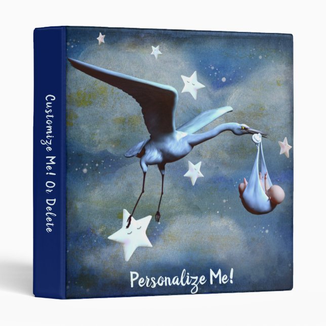 Elegant Stork Delivering Baby Boy Personalized 3 Ring Binder (Front/Spine)