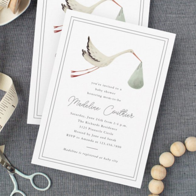 Elegant Stork Gender Neutral Baby Shower Invitation (Elegant hand painted stork gender neutral baby shower invitations.)