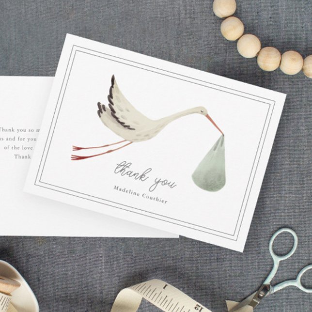 Elegant Stork Gender Neutral Baby Shower Thank You Card (Elegant hand painted stork sage gender neutral baby shower thank you cards.)