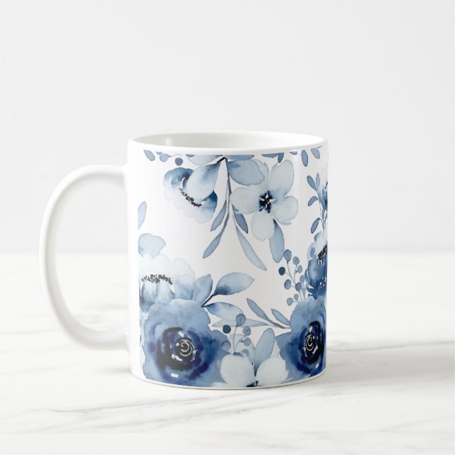 Elegant Stormy Blue Floral Watercolor Coffee Mug (Left)