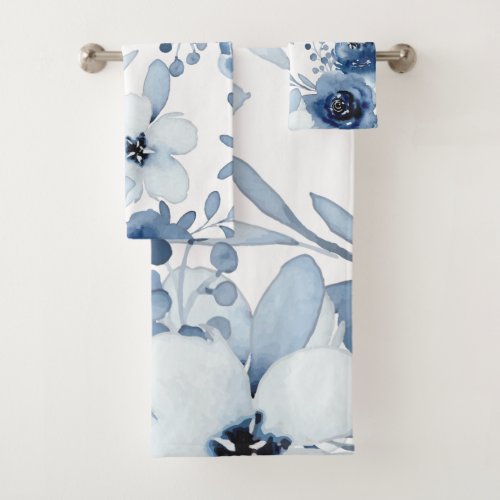 Elegant Stormy Blue  White Floral Watercolor  Bath Towel Set