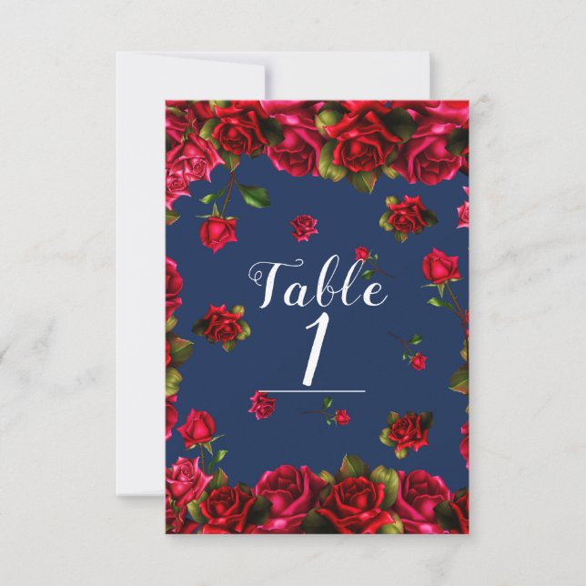 Elegant Storybook Red Roses Blue Table Number (Front)