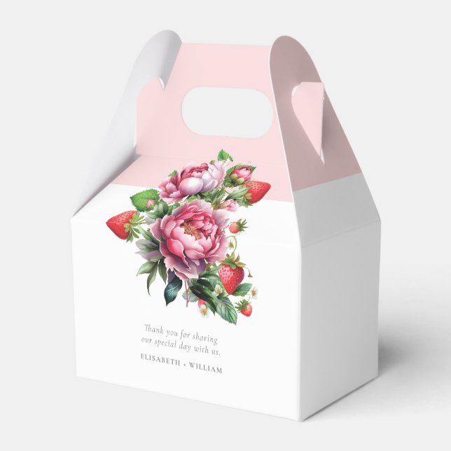 Elegant Strawberry and Peonies Summer Wedding Favor Boxes (Front Side)