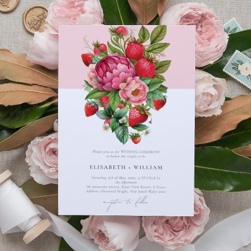 Elegant Strawberry and Peonies Summer Wedding Invitation