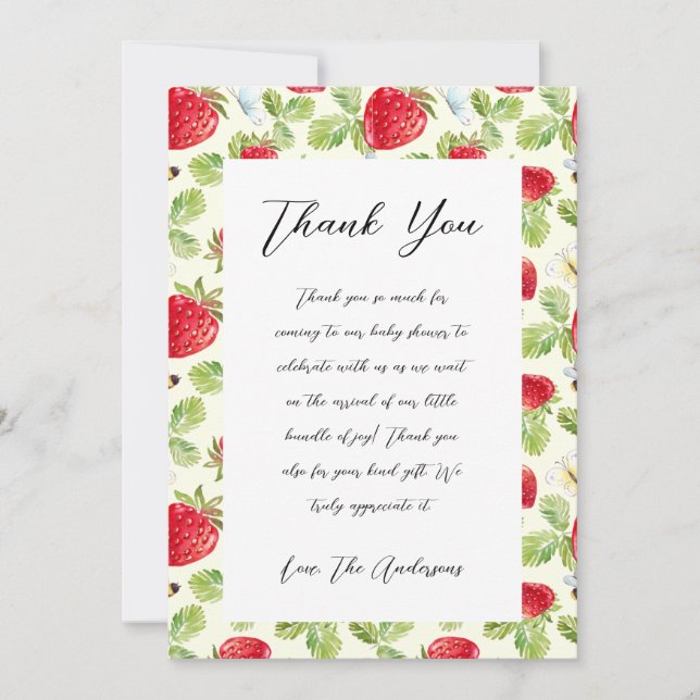 Elegant Strawberry Baby Shower Thank You Card (Front)