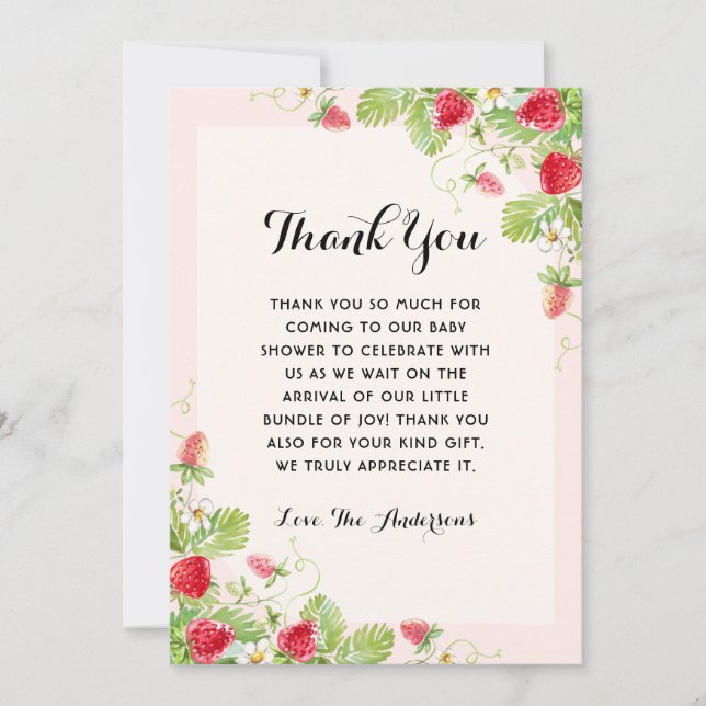 Elegant Strawberry Baby Shower Thank You Card (Front)
