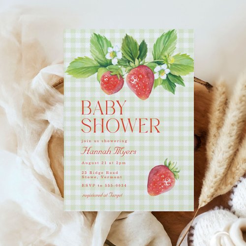 Elegant Strawberry Green Gingham Baby Shower Invitation