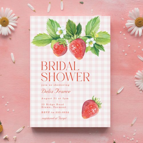 Elegant Strawberry Pink Gingham Bridal Shower Invitation