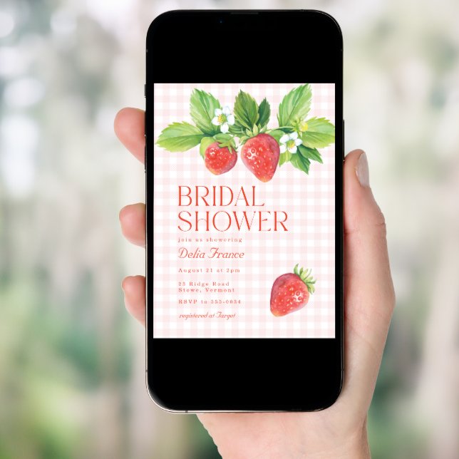 Elegant Strawberry Pink Gingham Bridal Shower Invitation (Front Digital)