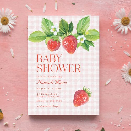 Elegant Strawberry Pink Gingham Girl Baby Shower Invitation