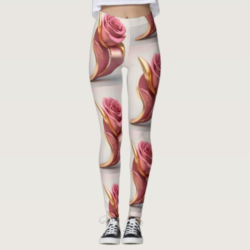 Elegant Strength Gold Stem and Pink Rose Leggings