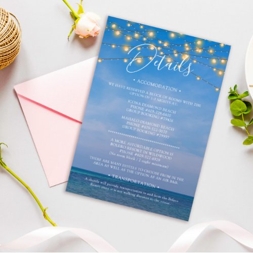 Elegant String Lights Beach Wedding Details Card