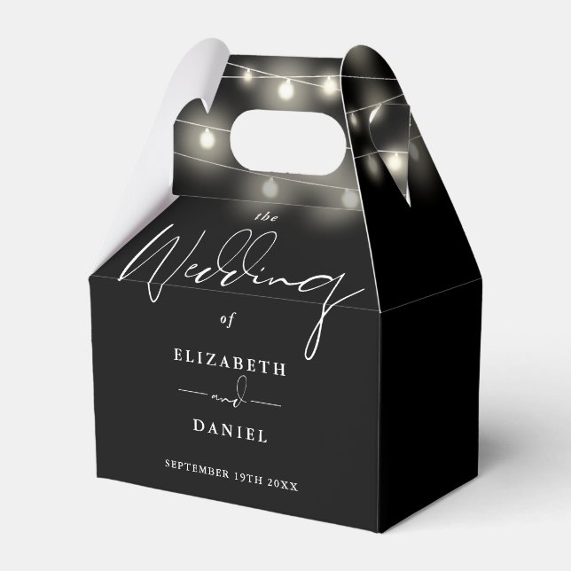 Elegant String Lights Black And White Wedding Favor Boxes (Front Side)