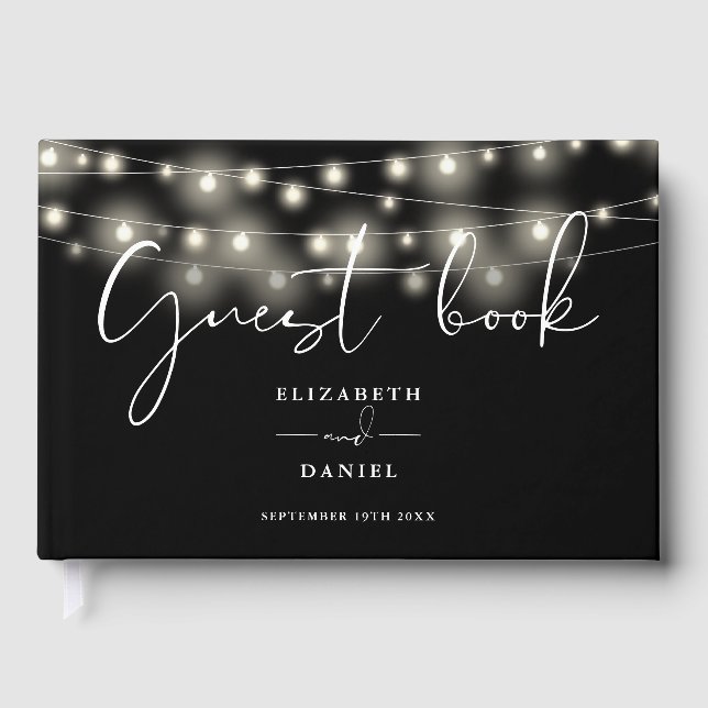 Elegant String Lights Black And White Wedding Guest Book (Front)