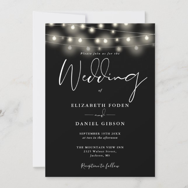 Elegant String Lights Black And White Wedding Invitation (Front)