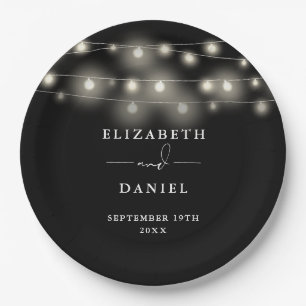 Elegant String Lights Black And White Wedding Paper Plates