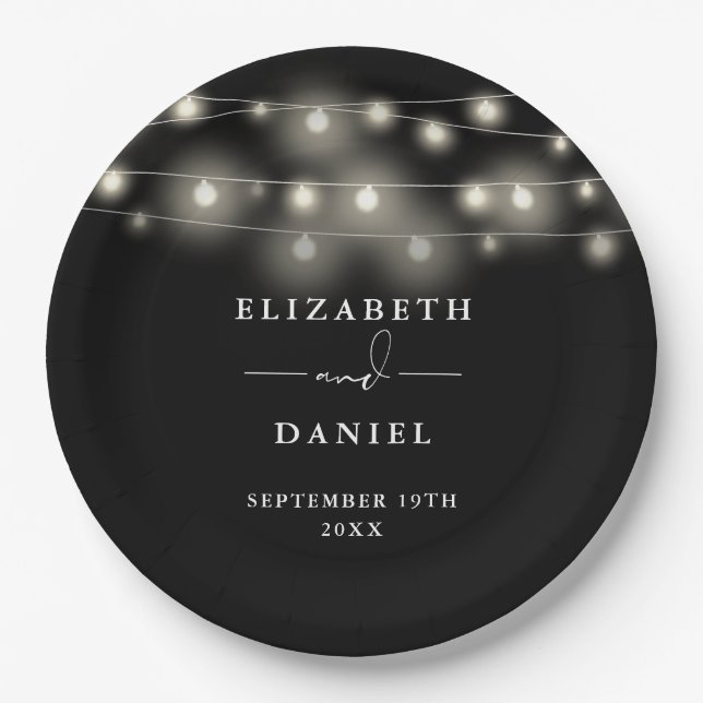 Elegant String Lights Black And White Wedding Paper Plates (Front)