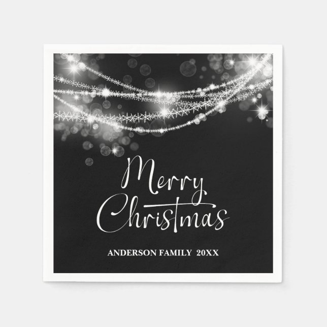 Elegant String Lights Black Christmas Napkins (Front)
