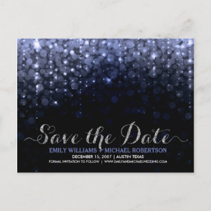 Elegant string lights blue bokeh save the date announcement postcard