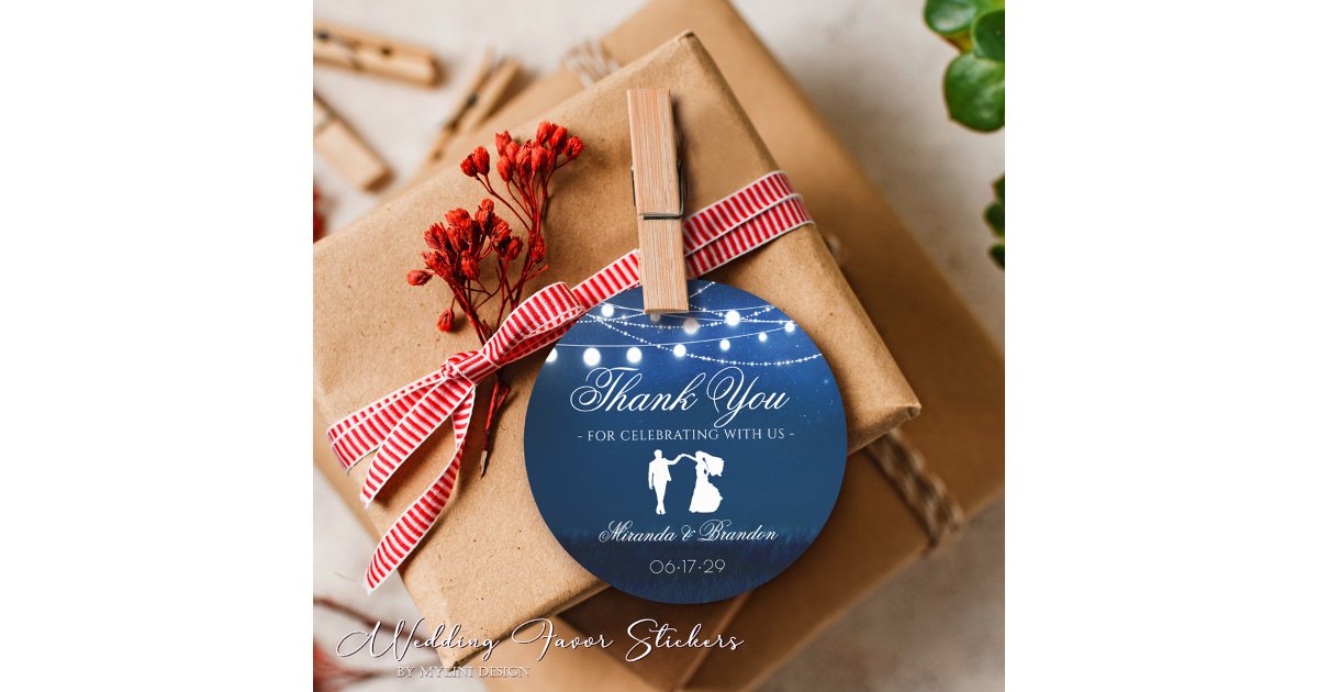 Elegant String Lights Blue Night Wedding Favor Classic Round Sticker ...