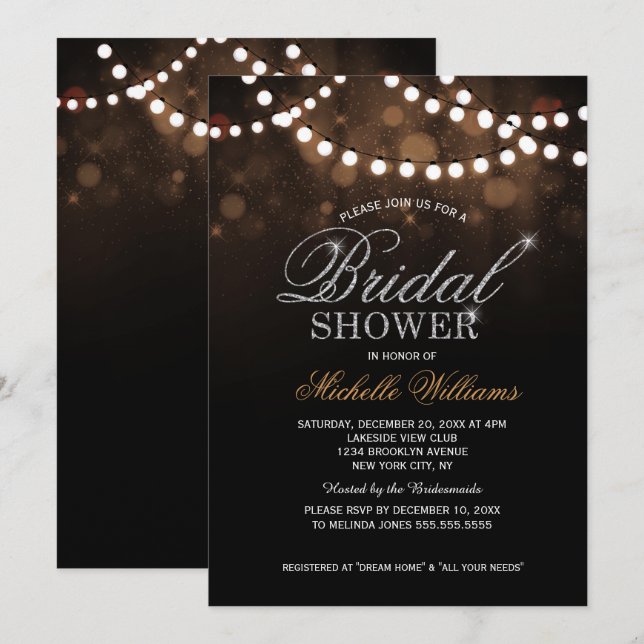 Elegant string lights brown bokeh bridal shower invitation (Front/Back)