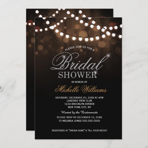 Elegant string lights brown bokeh bridal shower invitation