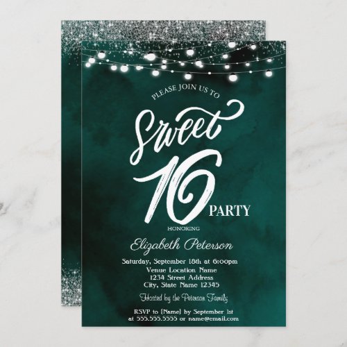 Elegant String Lights Confetti Green Sweet 16 Invitation