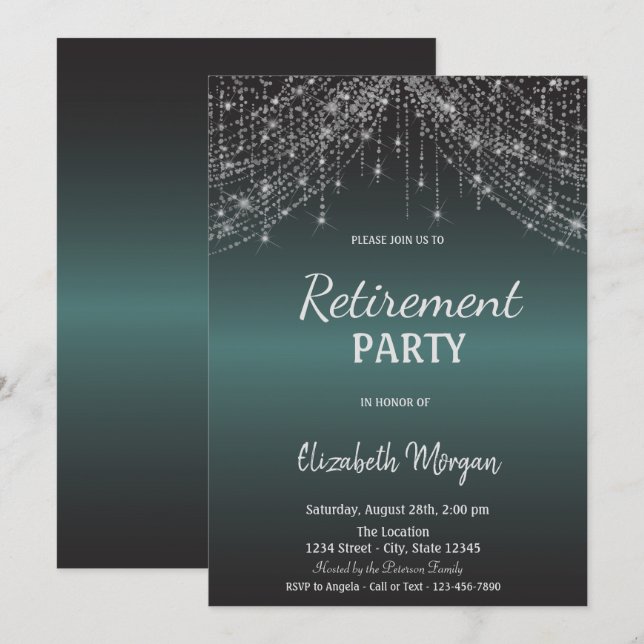Elegant String Lights Dark Green Retirement  Invitation (Front/Back)