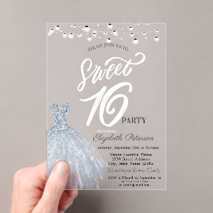 Elegant String Lights Dress Dusty Blue Sweet 16 Acrylic Invitations
