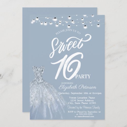 Elegant String Lights Dress Dusty Blue Sweet 16 Invitation