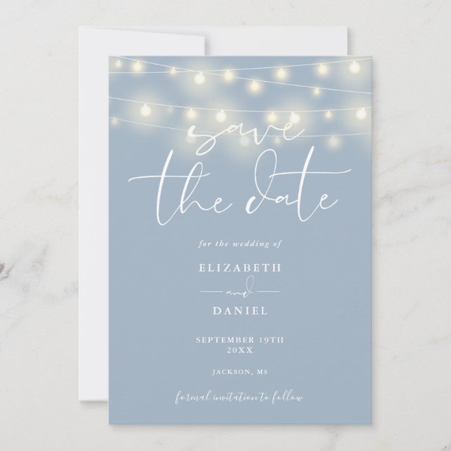 Elegant String Lights Dusty Blue QR Code Wedding Save The Date (Front)