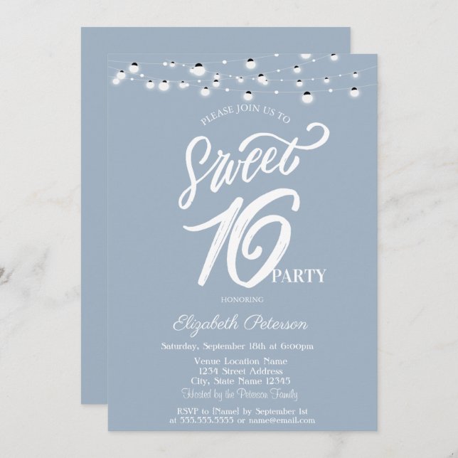 Elegant String Lights Dusty Blue Sweet 16 Invitation (Front/Back)