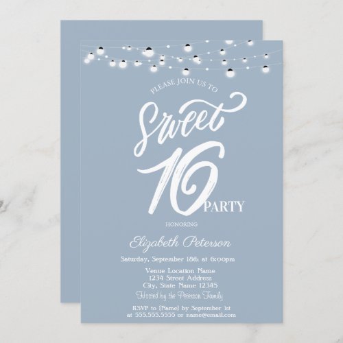 Elegant String Lights Dusty Blue Sweet 16 Invitation